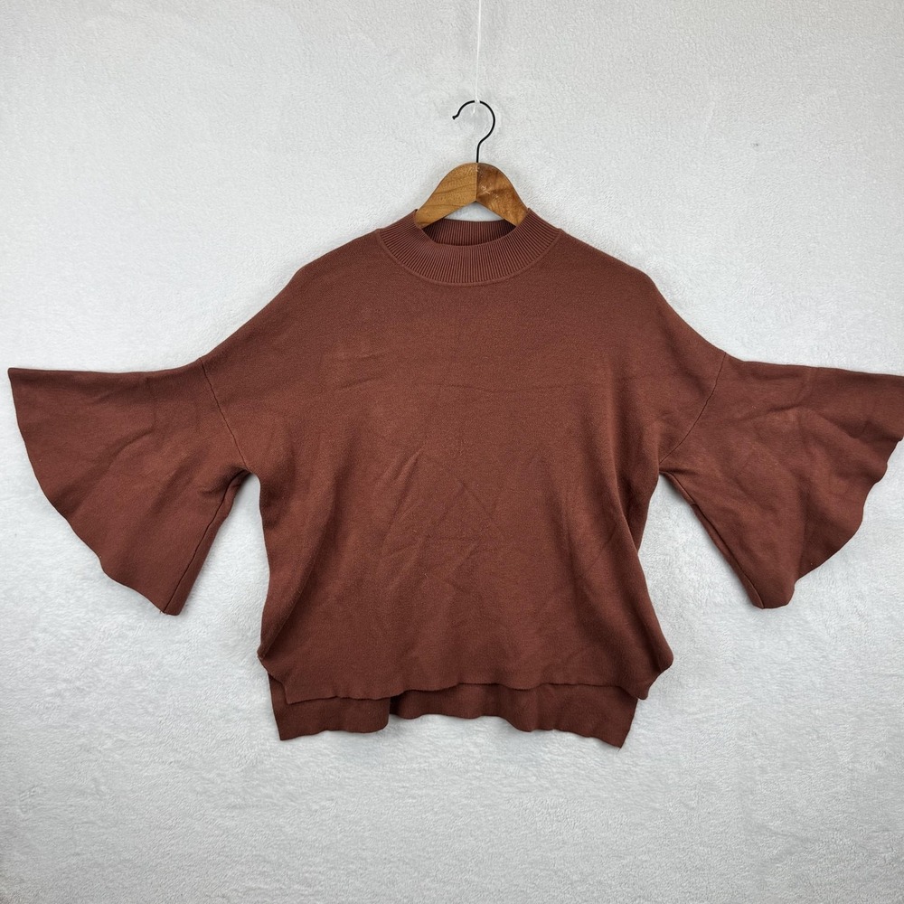 BLVD Sweater Womens Large Brown Mock Neck Bell Sleeve‎ Knit Pullover Top